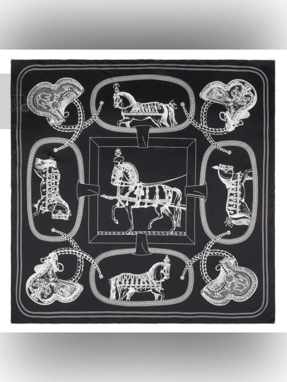 NEW Carolina Lemke Black & White Equestrian Silk Scarf Hand Rolled Edges #37